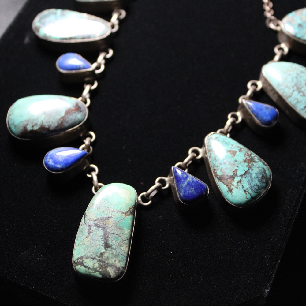 Beautiful Turquoise & Lapis Lazuli Sterling silver VTG Necklace